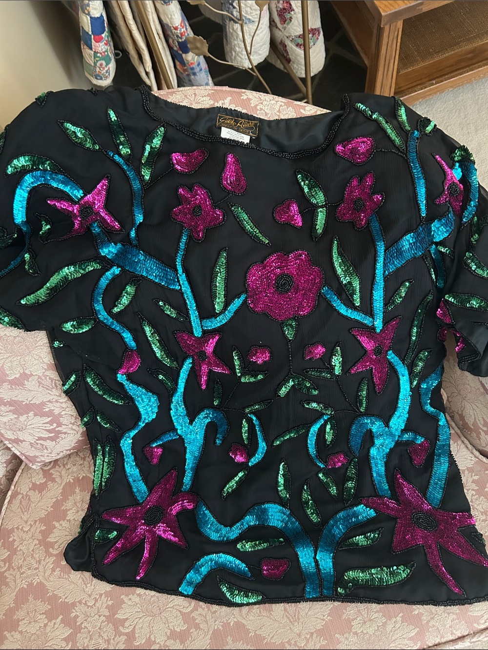 Black Beaded Floral Sequin Top